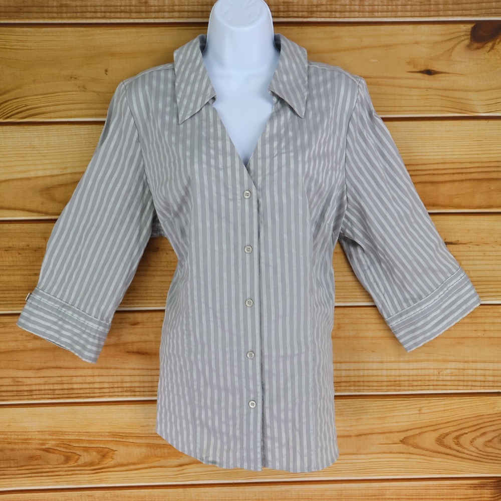 Alfani Button Up Shirt 3/4 Sleeves Womens 16W Gray Striped Cotton Blend Collared